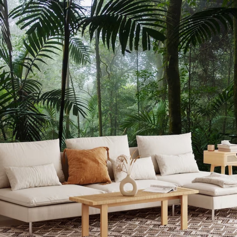 Tropical wallpaper, Forest wallpaper, green tropical leaves, Peel and Stick, temporary wallpaper