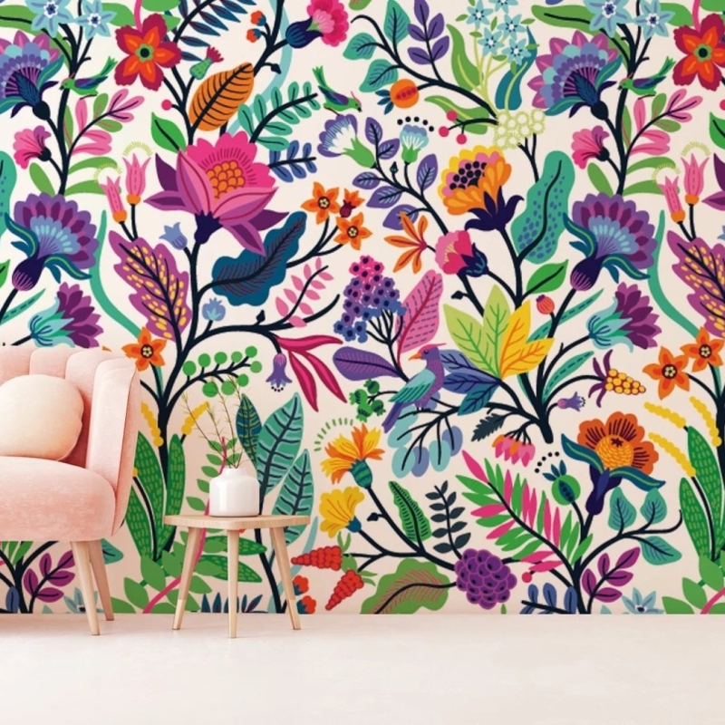 Colorful flowers and tropic leaves wallpaper, Adhesive Wallpaper, Wall mural, Removable, temporary wallpaper Peel & Stick
