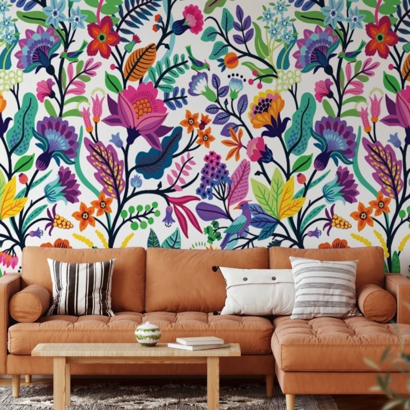 Colorful flowers and tropic leaves wallpaper, Adhesive Wallpaper, Wall mural, Removable, temporary wallpaper Peel & Stick