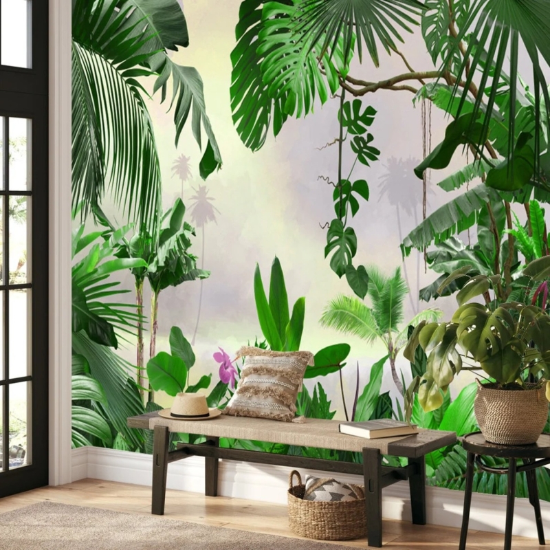 Large tropical rainforest wallpaper, Palm trees, peel and stick green tropical wallpaper, exotic rainforest wall mural