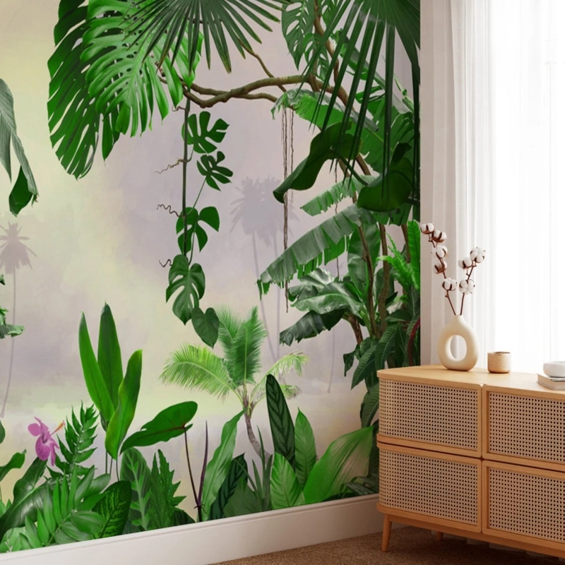 Large tropical rainforest wallpaper, Palm trees, peel and stick green tropical wallpaper, exotic rainforest wall mural
