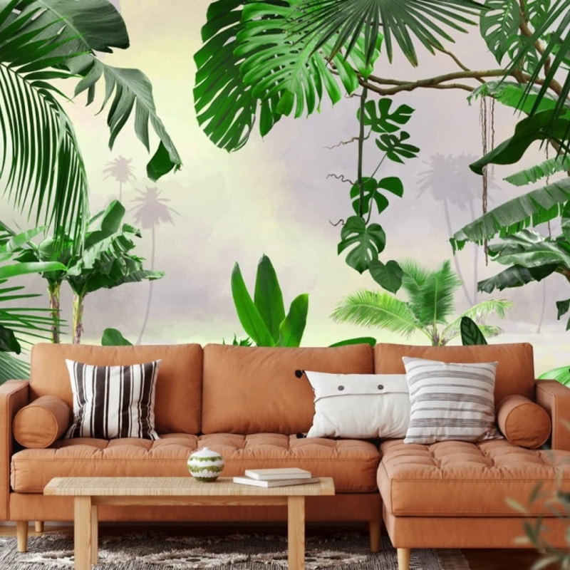 Large tropical rainforest wallpaper, Palm trees, peel and stick green tropical wallpaper, exotic rainforest wall mural
