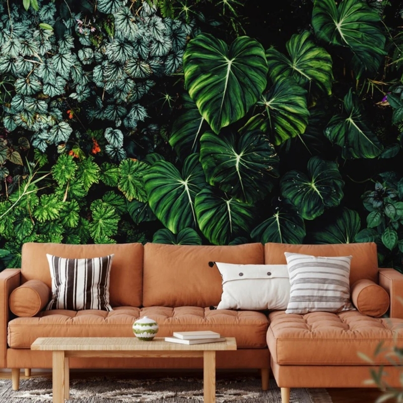 Large tropical leaves, green leaves, dark forest, rainforest background, peel and stick, temporary wallpaper