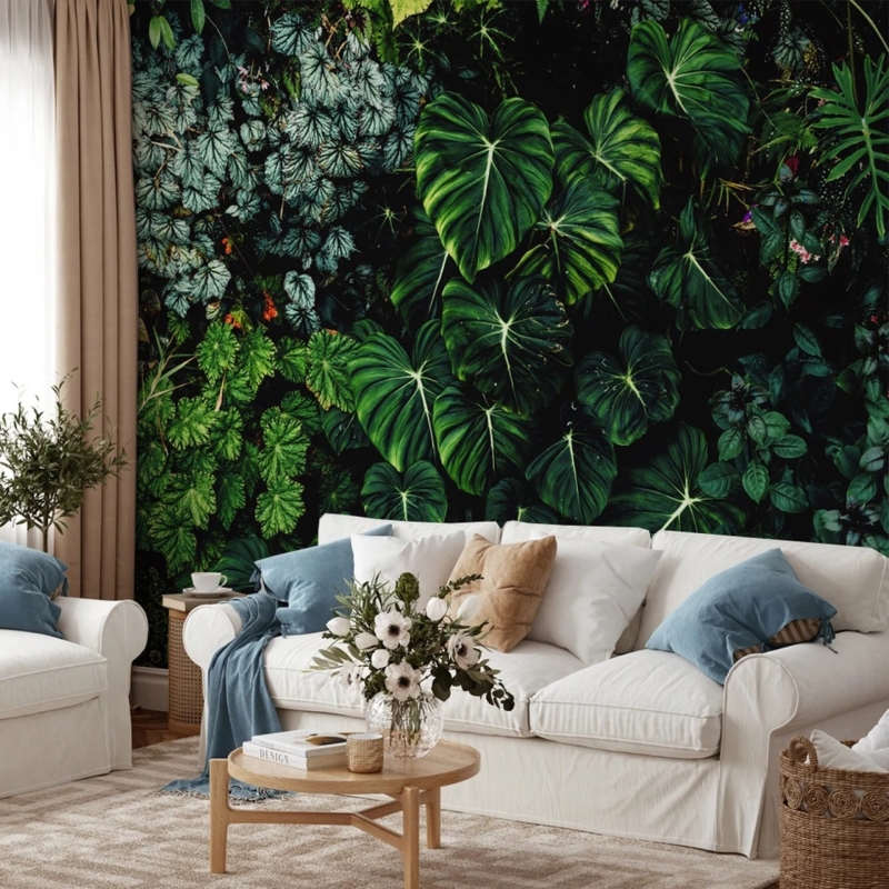 Large tropical leaves, green leaves, dark forest, rainforest background, peel and stick, temporary wallpaper