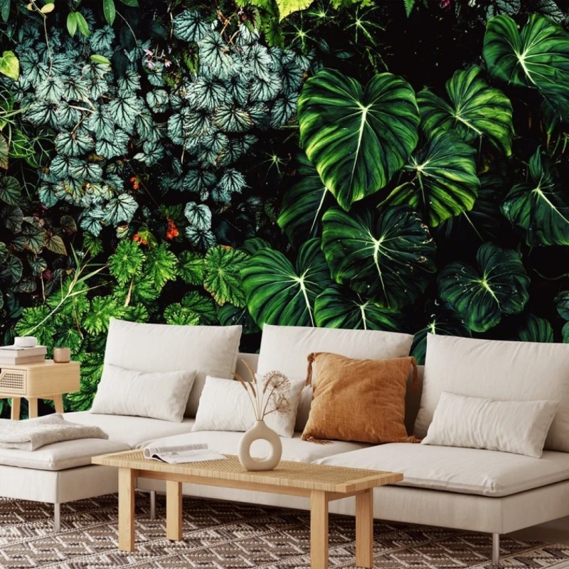 Large tropical leaves, green leaves, dark forest, rainforest background, peel and stick, temporary wallpaper