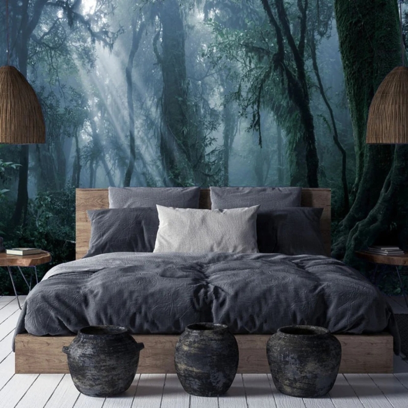 Misty forest peel and stick removable wallpaper, temporary wallpaper, renters wallpaper