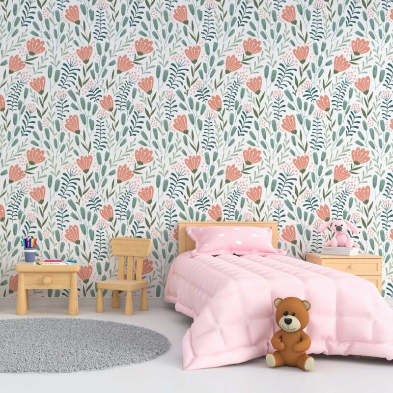 Removable Floral Wallpaper, hand drawn wild flowers removable wallpaper and Stick Wallpaper