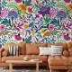 Bright colorful flowers and tropic leaves on a white backgroun, Adhesive Wallpaper, Wall mural, Removable, temporary wallpaper Peel & Stick 