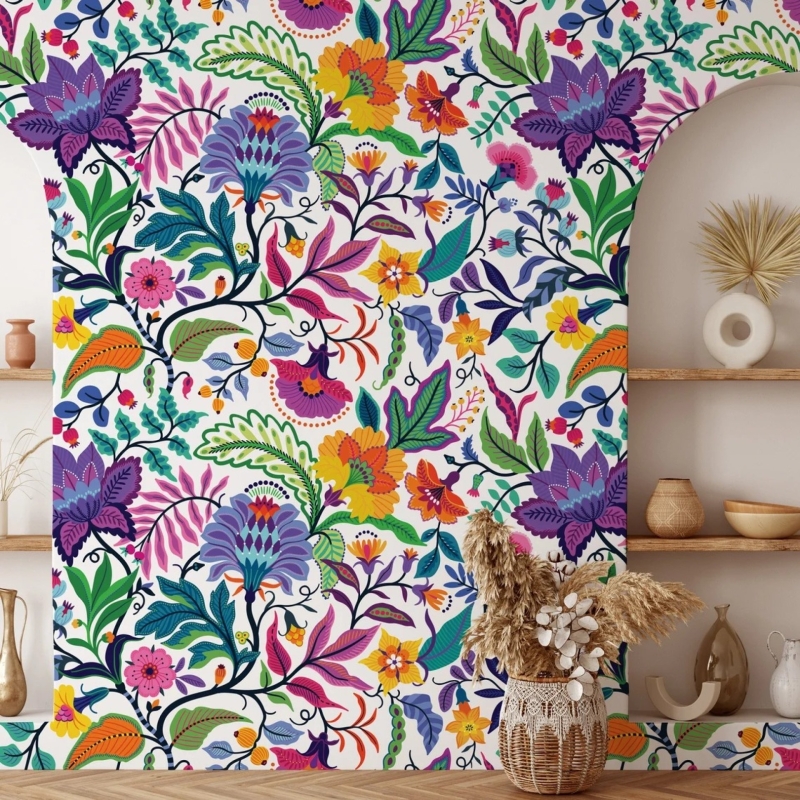 Bright colorful flowers and tropic leaves on a white backgroun, Adhesive Wallpaper, Wall mural, Removable, temporary wallpaper Peel & Stick 