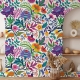 Bright colorful flowers and tropic leaves on a white backgroun, Adhesive Wallpaper, Wall mural, Removable, temporary wallpaper Peel & Stick 