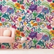 Bright colorful flowers and tropic leaves on a white backgroun, Adhesive Wallpaper, Wall mural, Removable, temporary wallpaper Peel & Stick 