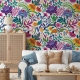 Bright colorful flowers and tropic leaves on a white backgroun, Adhesive Wallpaper, Wall mural, Removable, temporary wallpaper Peel & Stick 