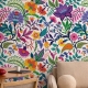 Bright colorful flowers and tropic leaves on a white backgroun, Adhesive Wallpaper, Wall mural, Removable, temporary wallpaper Peel & Stick 
