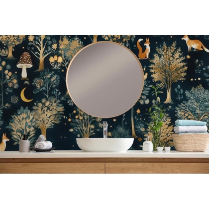 Enchanted Forest Wallpaper, Whimsical Fox and Mushroom Wall Mural, Dark Woodland Peel and Stick, Magical Tree Nursery Decor, Removable Wallpaper Mural