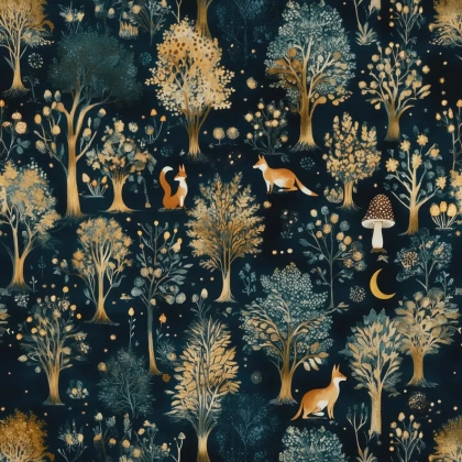 Enchanted Forest Wallpaper, Whimsical Fox and Mushroom Wall Mural, Dark Woodland Peel and Stick, Magical Tree Nursery Decor, Removable Wallpaper Mural