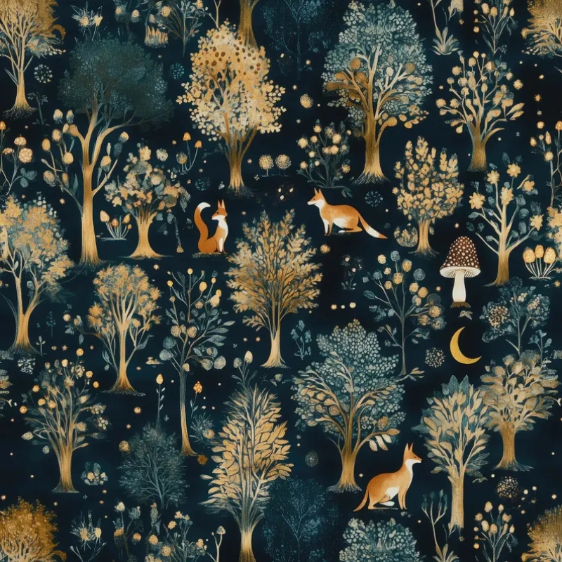 Enchanted Forest Wallpaper, Whimsical Fox and Mushroom Wall Mural, Dark Woodland Peel and Stick, Magical Tree Nursery Decor, Removable Wallpaper Mural