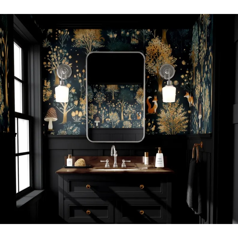 Enchanted Forest Wallpaper, Whimsical Fox and Mushroom Wall Mural, Dark Woodland Peel and Stick, Magical Tree Nursery Decor, Removable Wallpaper Mural