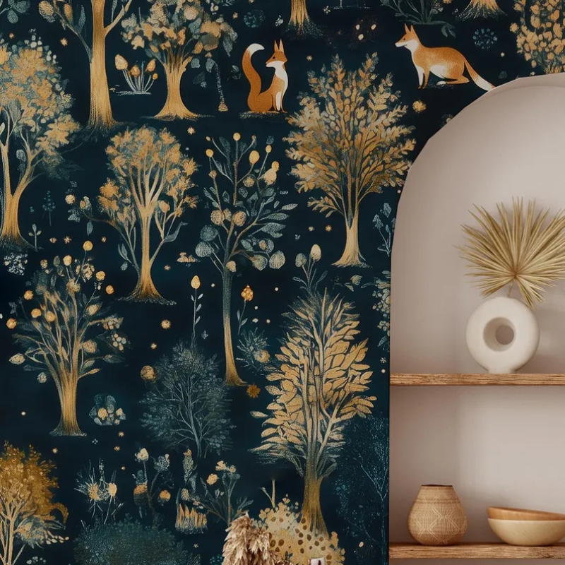 Enchanted Forest Wallpaper, Whimsical Fox and Mushroom Wall Mural, Dark Woodland Peel and Stick, Magical Tree Nursery Decor, Removable Wallpaper Mural